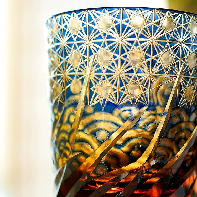 Whiskeyglas Edo Kiriko Blauw Amber Handgemaakt Sterchysant Sterrenzee Japans Kristal | Sansoti