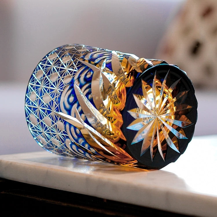 Whiskeyglas Edo Kiriko Blauw Amber Handgemaakt Sterchysant Sterrenzee Japans Kristal | Sansoti