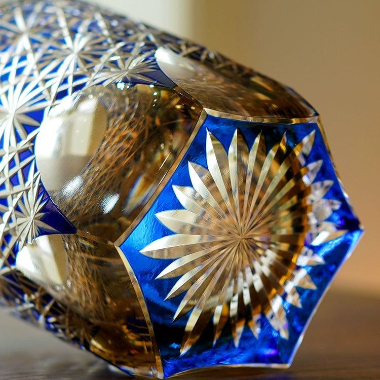 Whiskeyglas Edo Kiriko Blauw Amber Handgemaakt Sterchysant Sterrenzee Japans Kristal | Sansoti