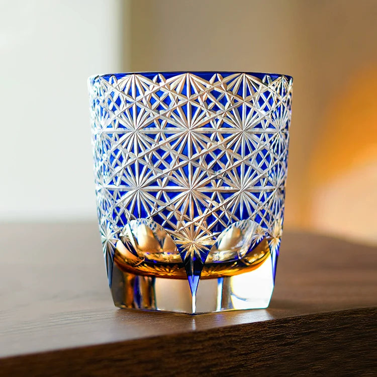 Whiskeyglas Edo Kiriko Blauw Amber Handgemaakt Sterchysant Sterrenzee Japans Kristal | Sansoti