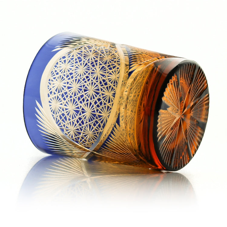 Verre à whisky Edo Kiriko Plume de grue Ambre Fait main Cristal japonais Boîte en bois | Restfield