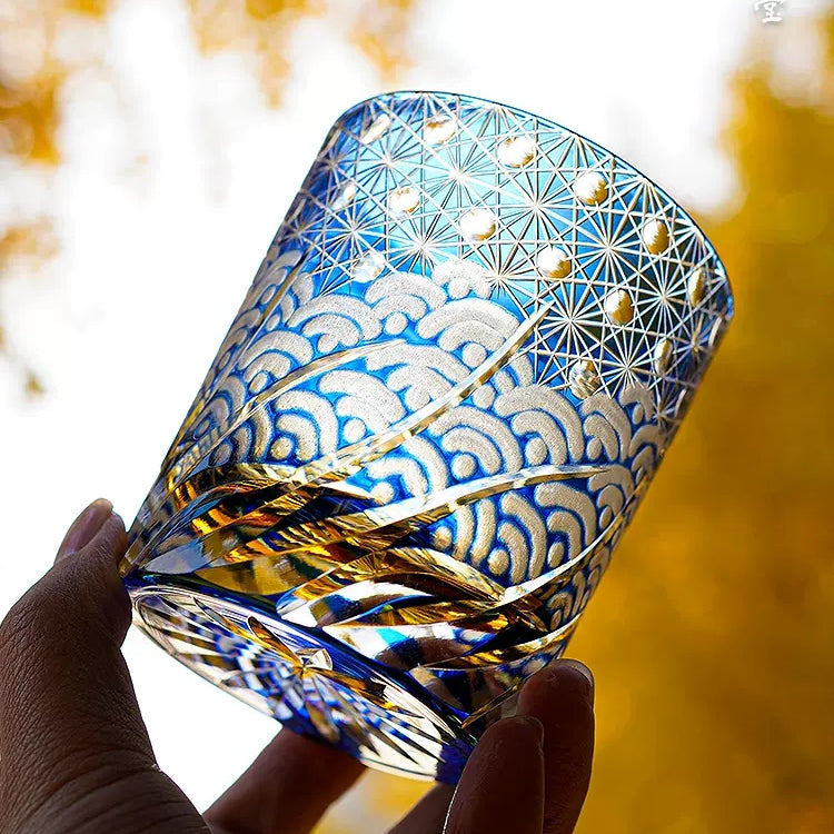 Whiskeyglas Edo Kiriko Blauw Amber Handgemaakt Sterchysant Sterrenzee Japans Kristal | Sansoti
