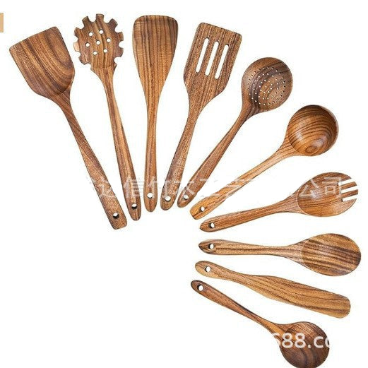 Keukengerei Set van Massief Teakhout 5 7 10-delig Natuurlijk Duurzaam Serveren Kookgerei Scandinavisch | Sansoti