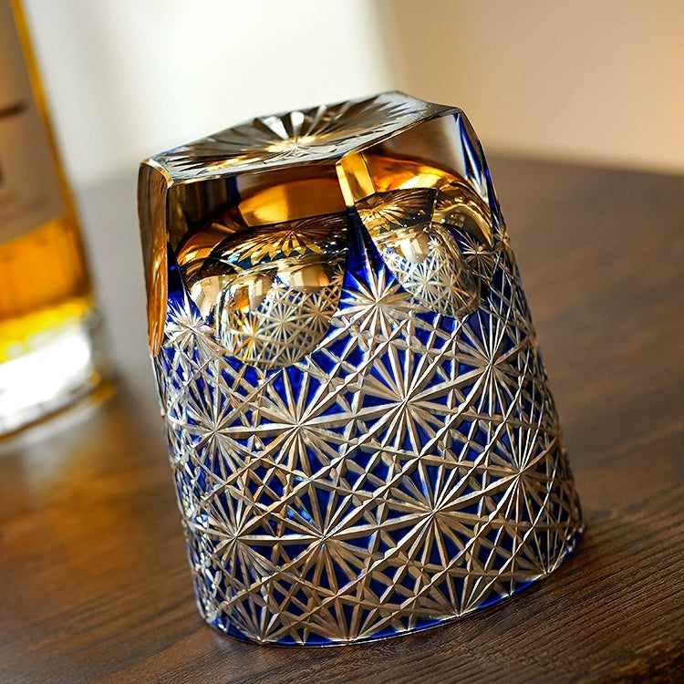 Whiskeyglas Edo Kiriko Blauw Amber Handgemaakt Sterchysant Sterrenzee Japans Kristal | Sansoti