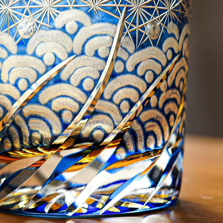Whiskeyglas Edo Kiriko Blauw Amber Handgemaakt Sterchysant Sterrenzee Japans Kristal | Sansoti