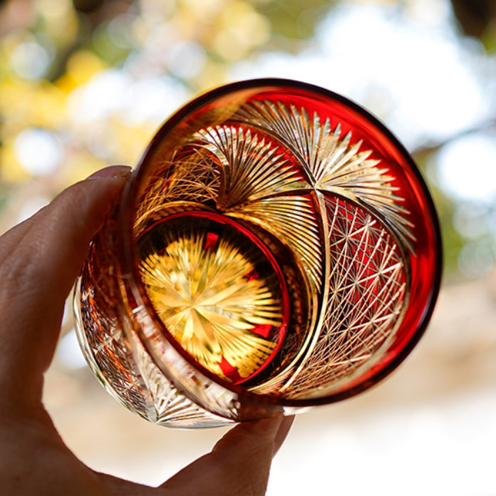 Verre à whisky Edo Kiriko Plume de grue Ambre Fait main Cristal japonais Boîte en bois | Restfield