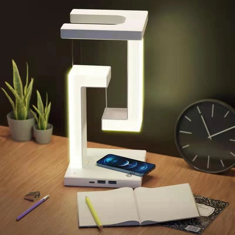 Schwebende Tischlampe mit kabellosem Ladegerät, magnetisch, dimmbar, weiß, für Schreibtisch und Nachttisch, modernes Touch-Bedienfeld | Sansoti