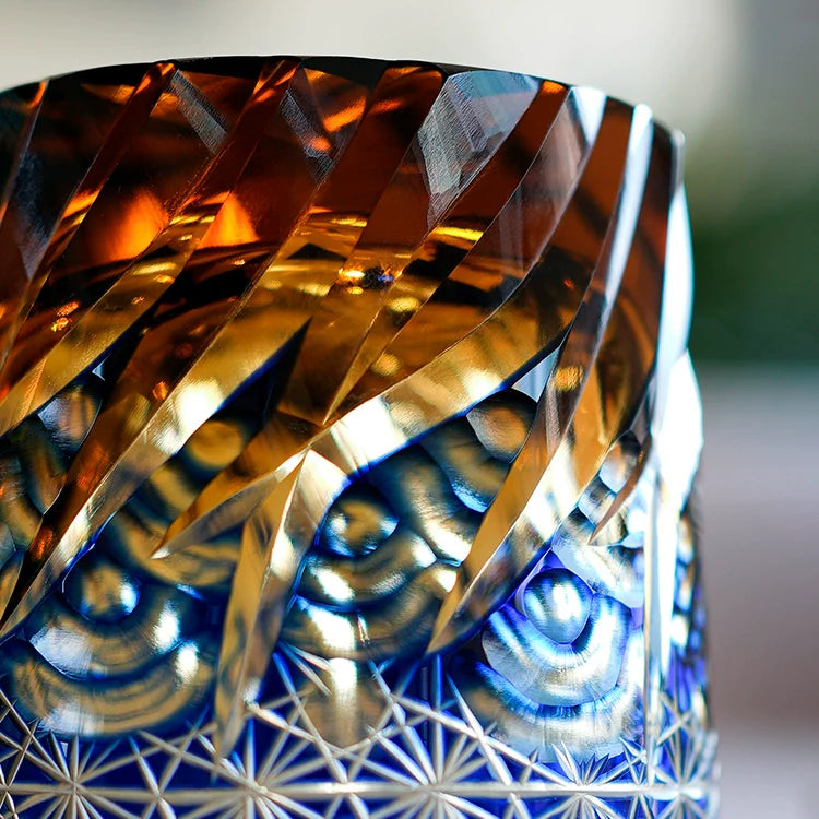 Whiskeyglas Edo Kiriko Blauw Amber Handgemaakt Sterchysant Sterrenzee Japans Kristal | Sansoti