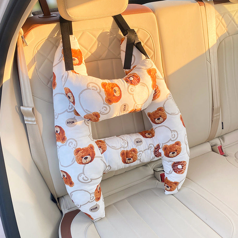 Autokussen Kind Hoofdsteun Katoenmix 67x50cm Beige Reiskussen Auto Neksteun Kinderstoel Lange Rit Comfort Slaapondersteuning | Sansoti