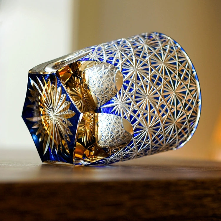 Whiskeyglas Edo Kiriko Blauw Amber Handgemaakt Sterchysant Sterrenzee Japans Kristal | Sansoti