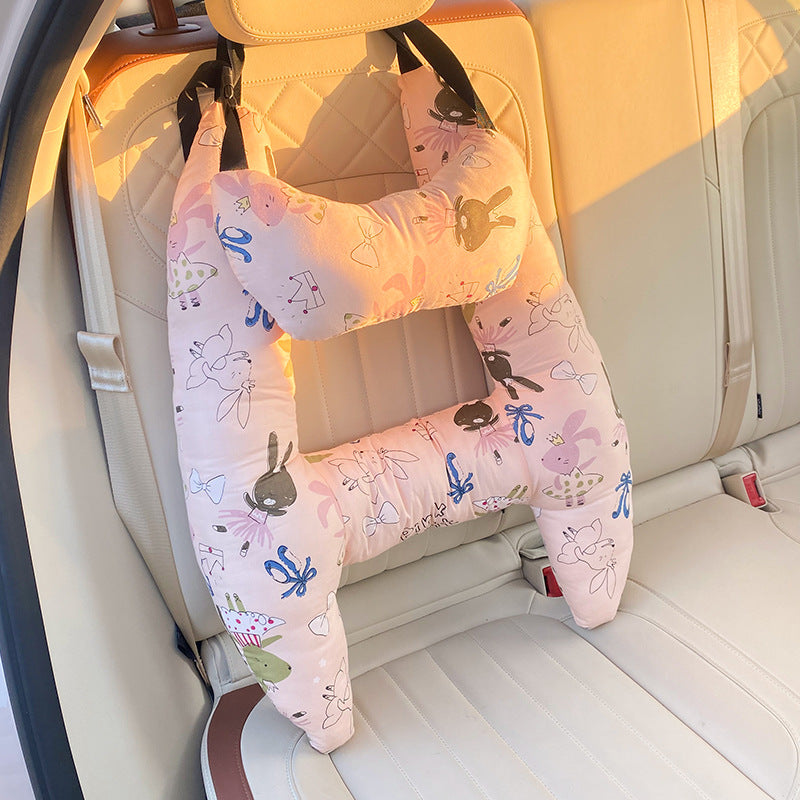 Autokussen Kind Hoofdsteun Katoenmix 67x50cm Beige Reiskussen Auto Neksteun Kinderstoel Lange Rit Comfort Slaapondersteuning | Sansoti
