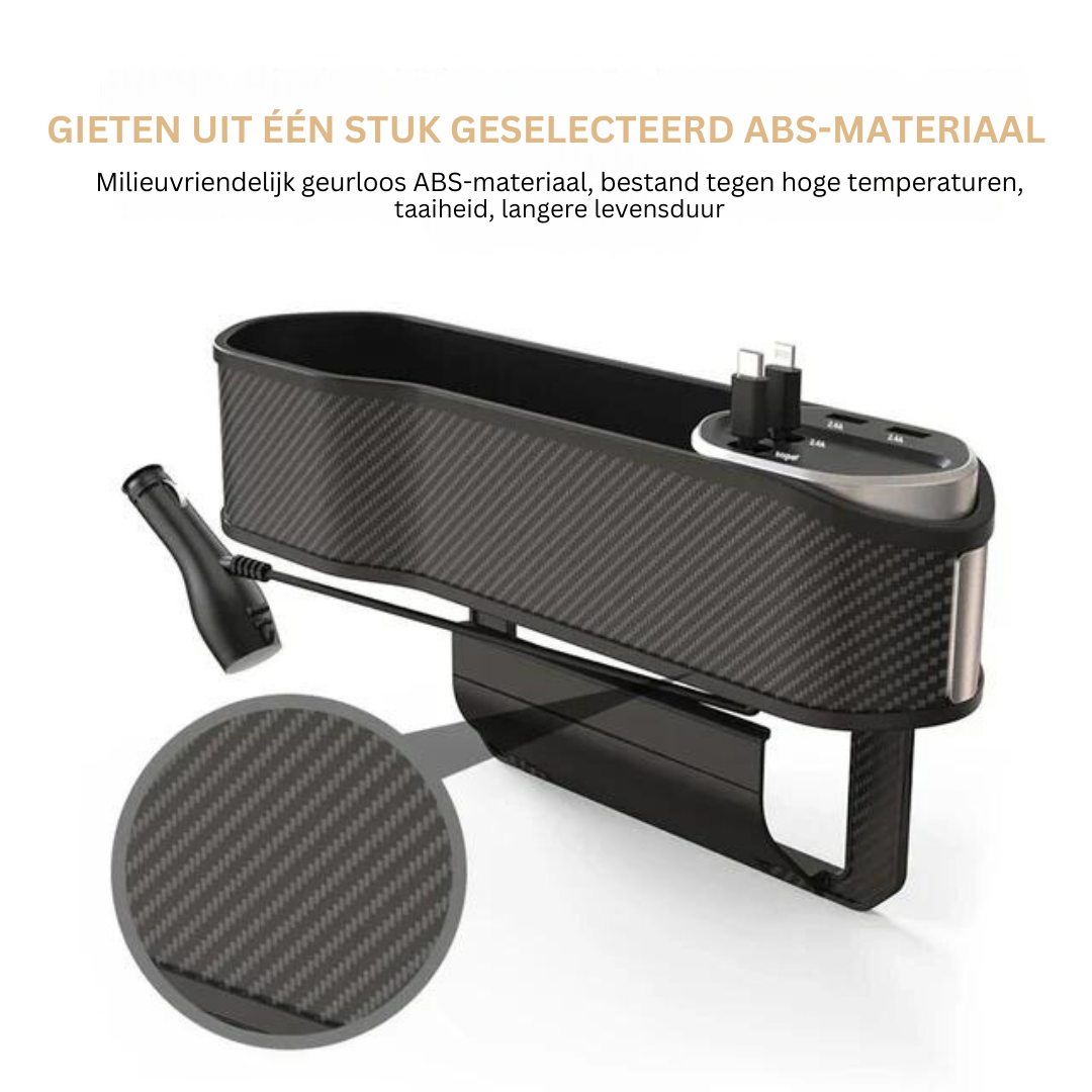 Multifunctionele Auto Organizer met Bekerhouder en Dubbele USB-Oplaadpoorten – Ruimtebesparend Opbergsysteem voor tussen Autostoelen | Sansoti