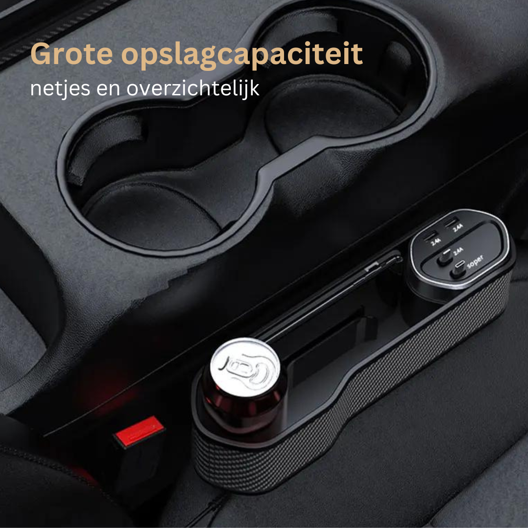 Multifunctionele Auto Organizer met Bekerhouder en Dubbele USB-Oplaadpoorten – Ruimtebesparend Opbergsysteem voor tussen Autostoelen | Sansoti