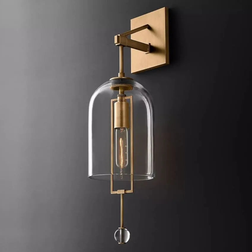 Designerski kinkiet-rzeźba ze szklaną kulą, Balance, 58 cm lub 73 cm, vintage, mosiądz, czerń lub nikiel, do salonu i sypialni | Sansoti