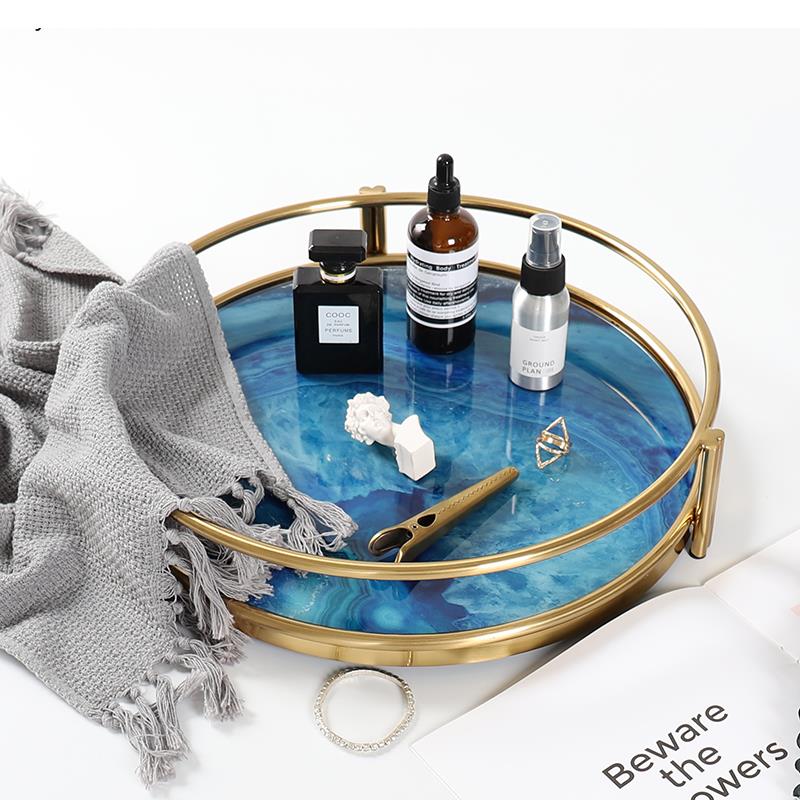 Decoratief Dienblad met Blauwe Agaatpatroon – Elegant Serveerblad met Glazen Inleg en Edelstalen Rand – Uniek Natuursteen Design voor Tafel en Interieur | Sansoti