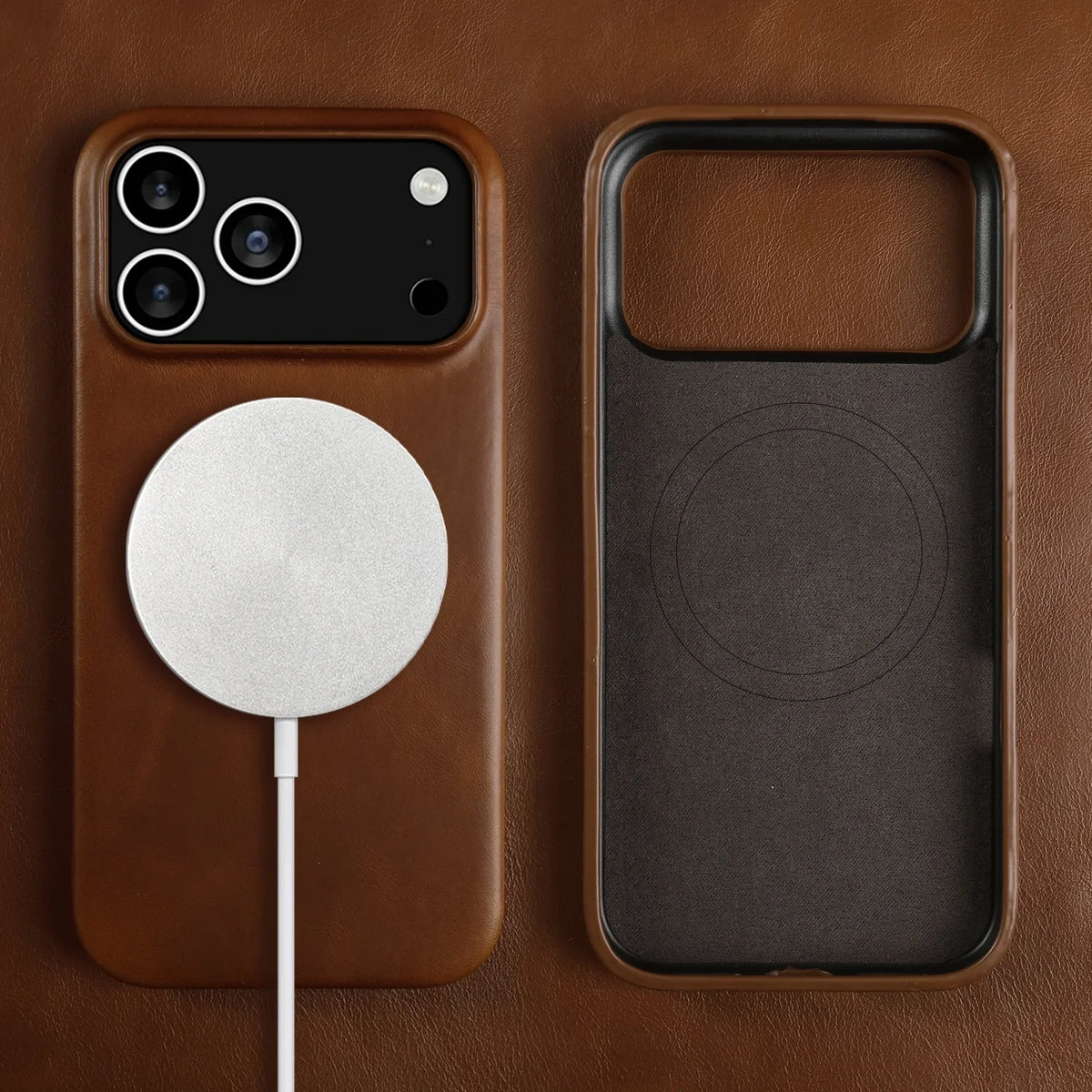 Leren iPhone Hoesje met Magnetische Ring | Draadloos Opladen | MagSafe Compatibel voor iPhone 11-17 Pro Max | Sansoti