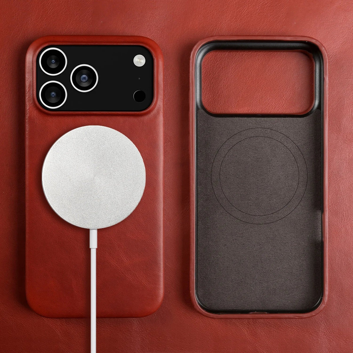 Leren iPhone Hoesje met Magnetische Ring | Draadloos Opladen | MagSafe Compatibel voor iPhone 11-17 Pro Max | Sansoti