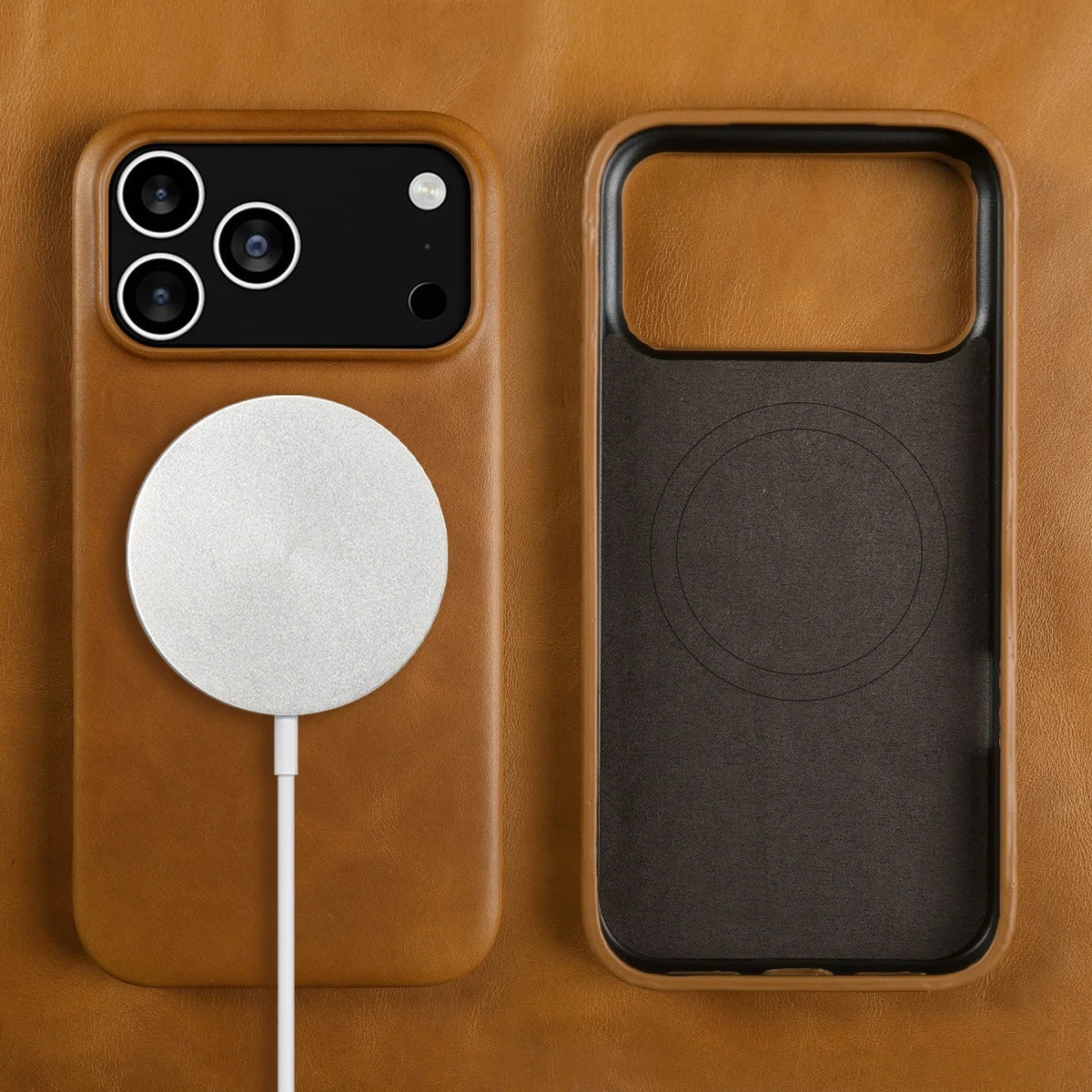 Leren iPhone Hoesje met Magnetische Ring | Draadloos Opladen | MagSafe Compatibel voor iPhone 11-17 Pro Max | Sansoti