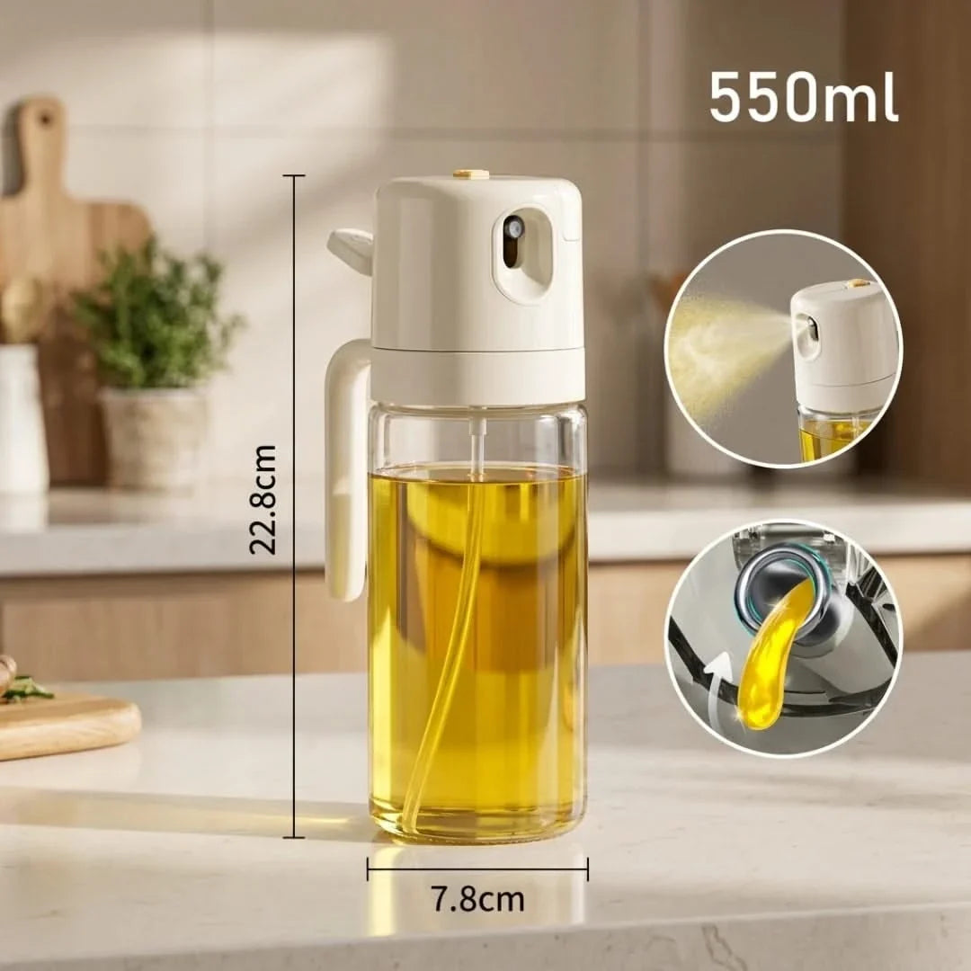 Glazen Olie Dispenser 550ml met Verstuiver en Schenktuit Kookspray Keukenflacon Transparant Hittebestendig Doseerfles | Sansoti