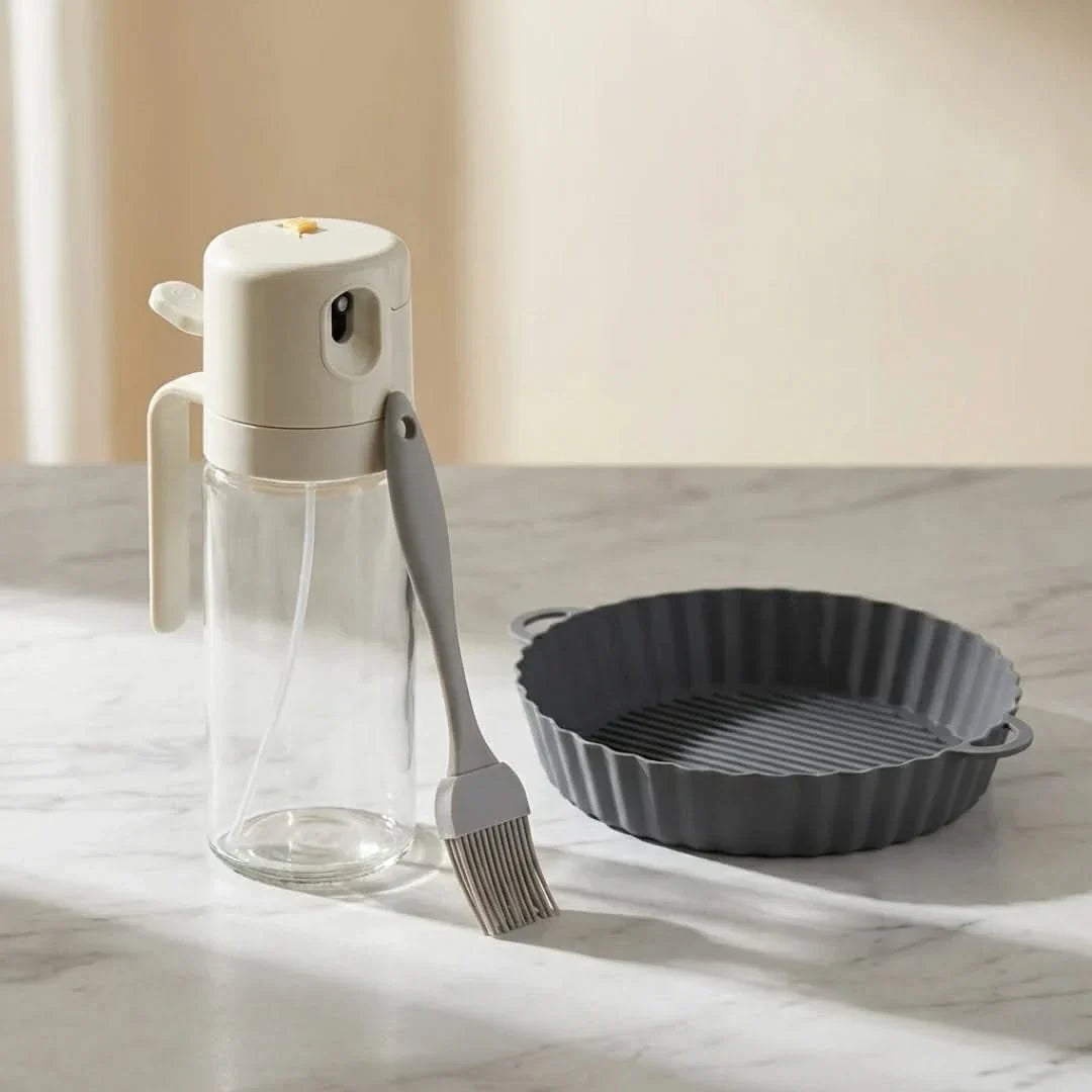 Glazen Olie Dispenser 550ml met Verstuiver en Schenktuit Kookspray Keukenflacon Transparant Hittebestendig Doseerfles | Sansoti