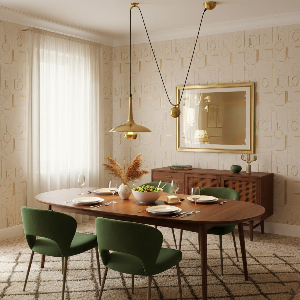 Verstelbare Hanglamp Onos – Hoogte-instelbaar met Tegengewichtbal – Chroom of Goud Metaal – Vintage 1970s Design – Retro Pendelverlichting voor Eettafel en Keukeneiland | Sansoti