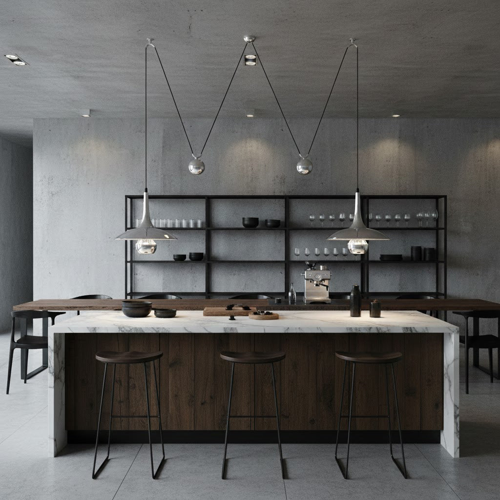 Verstelbare Hanglamp Onos – Hoogte-instelbaar met Tegengewichtbal – Chroom of Goud Metaal – Vintage 1970s Design – Retro Pendelverlichting voor Eettafel en Keukeneiland | Sansoti