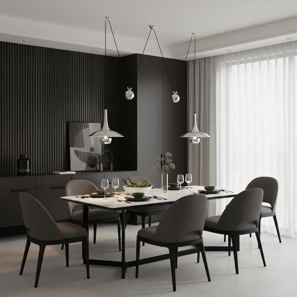 Verstelbare Hanglamp Onos – Hoogte-instelbaar met Tegengewichtbal – Chroom of Goud Metaal – Vintage 1970s Design – Retro Pendelverlichting voor Eettafel en Keukeneiland | Sansoti
