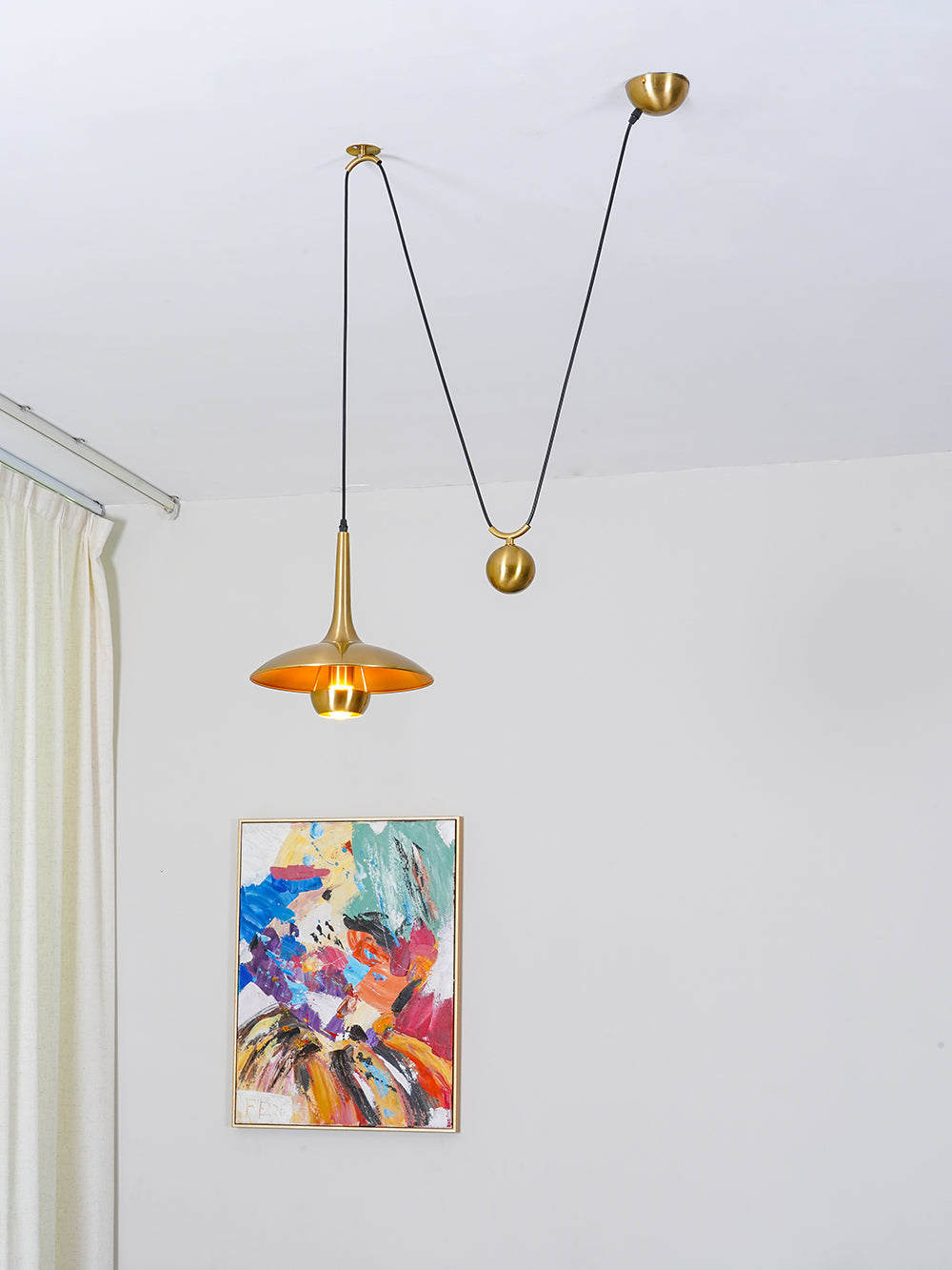 Verstelbare Hanglamp Onos – Hoogte-instelbaar met Tegengewichtbal – Chroom of Goud Metaal – Vintage 1970s Design – Retro Pendelverlichting voor Eettafel en Keukeneiland | Sansoti