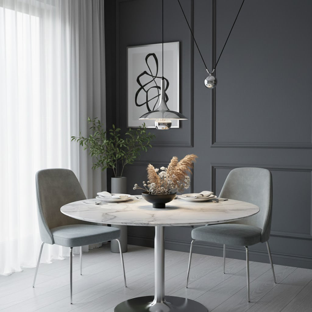 Verstelbare Hanglamp Onos – Hoogte-instelbaar met Tegengewichtbal – Chroom of Goud Metaal – Vintage 1970s Design – Retro Pendelverlichting voor Eettafel en Keukeneiland | Sansoti