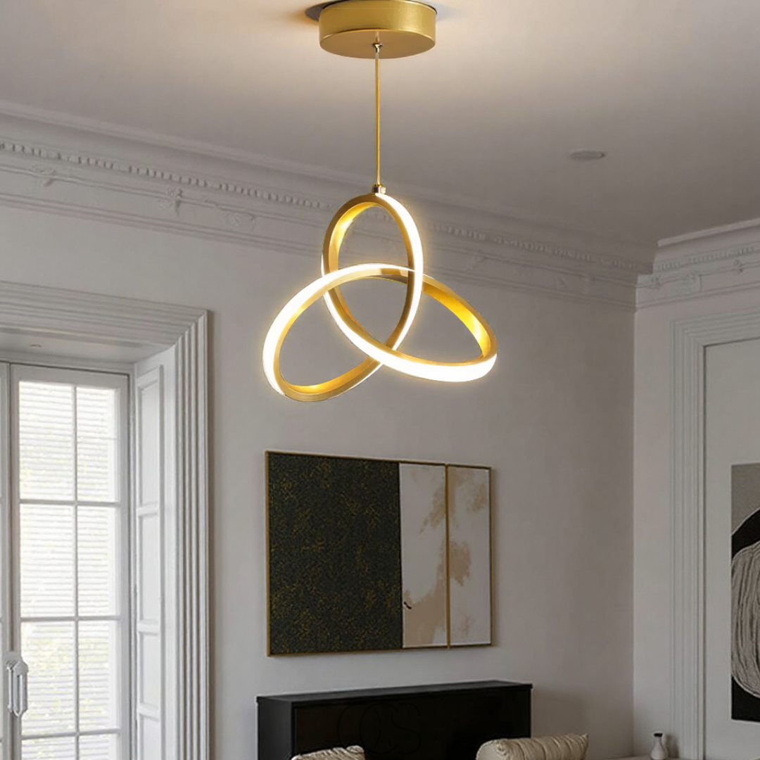 Suspension LED géométrique dorée, 25 cm, tricolore, à intensité variable, en aluminium et acrylique, pour salle à manger, salon ou cuisine | Sansoti