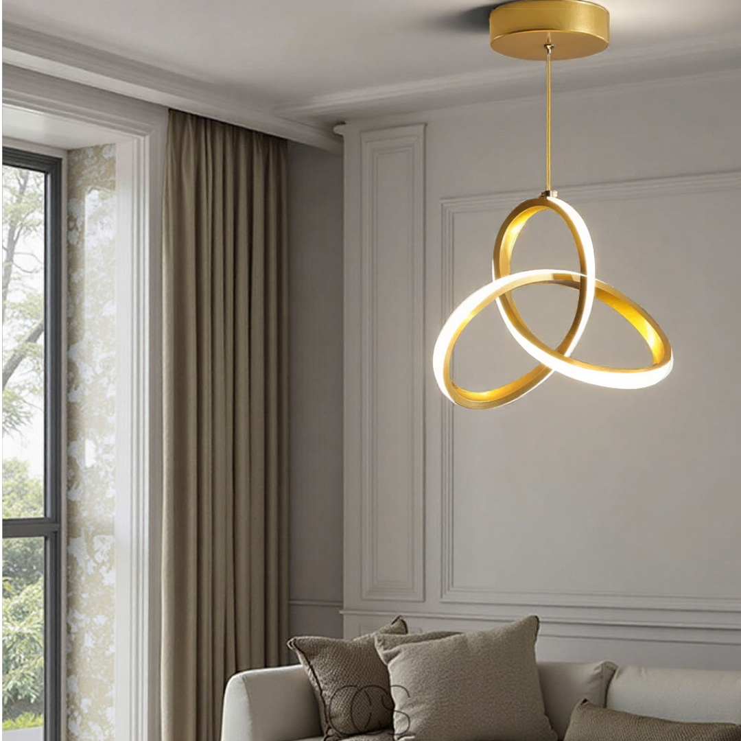Suspension LED géométrique dorée, 25 cm, tricolore, à intensité variable, en aluminium et acrylique, pour salle à manger, salon ou cuisine | Sansoti