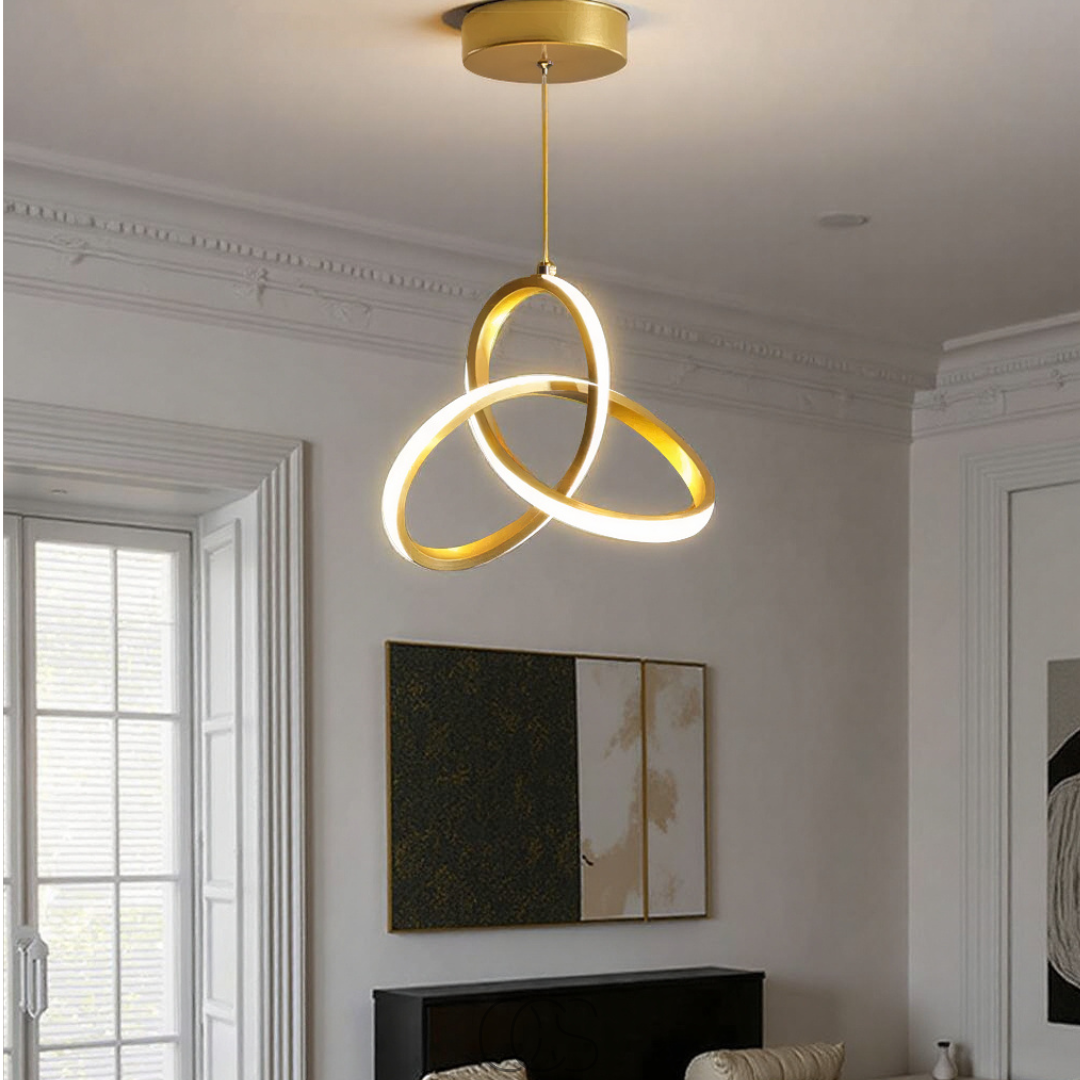 Suspension LED géométrique dorée, 25 cm, tricolore, à intensité variable, en aluminium et acrylique, pour salle à manger, salon ou cuisine | Sansoti