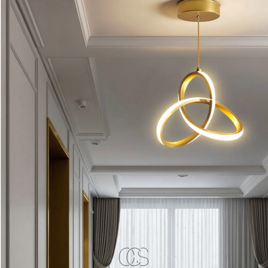 Suspension LED géométrique dorée, 25 cm, tricolore, à intensité variable, en aluminium et acrylique, pour salle à manger, salon ou cuisine | Sansoti