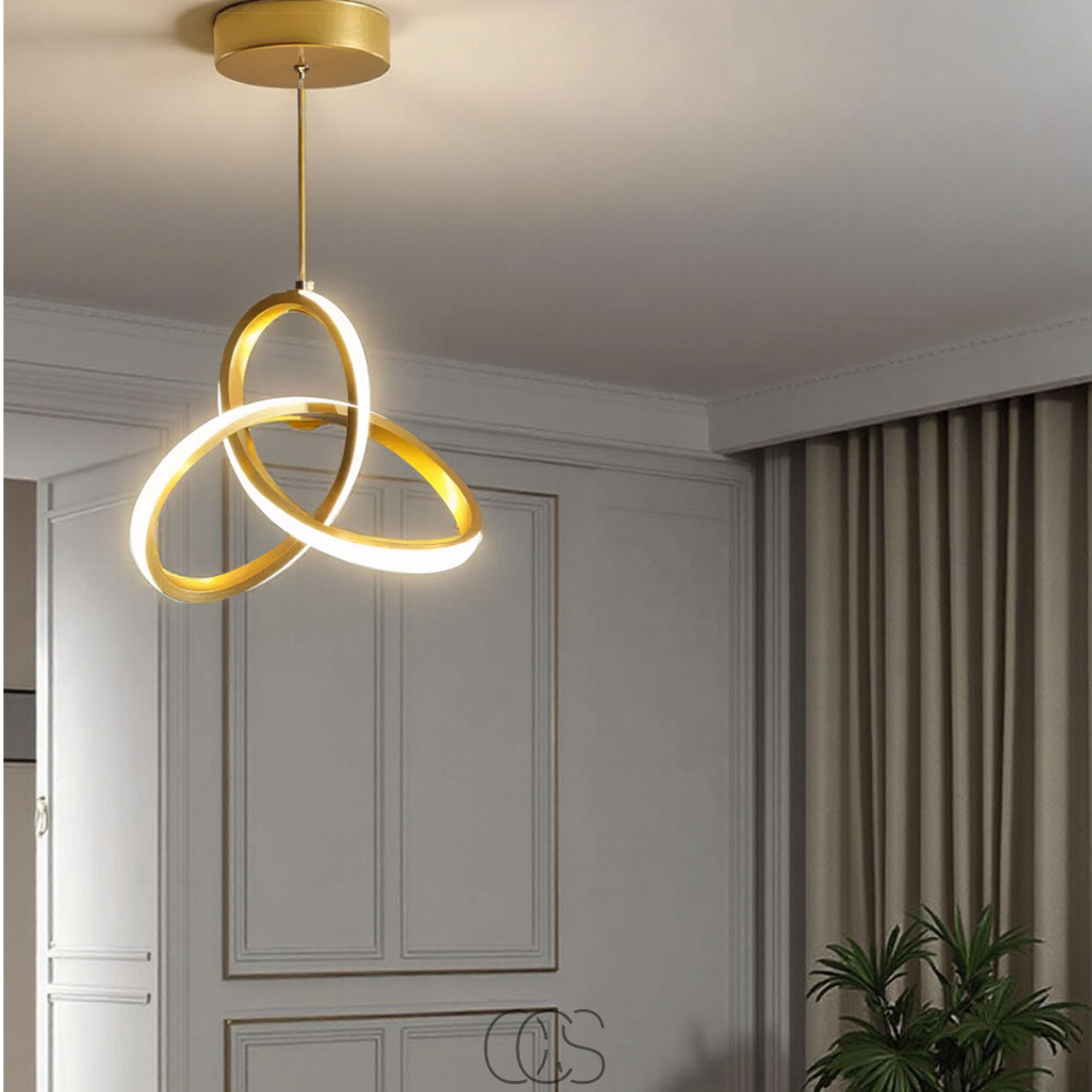 Suspension LED géométrique dorée, 25 cm, tricolore, à intensité variable, en aluminium et acrylique, pour salle à manger, salon ou cuisine | Sansoti