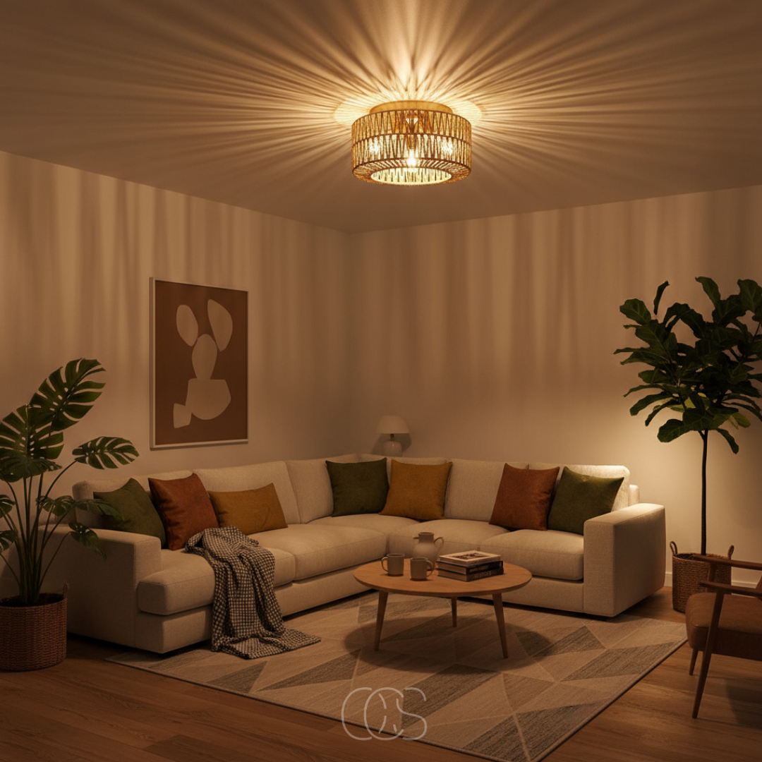 Plafondlamp Rotan Handgeweven 30cm Boho Natuurlijk Licht Schaduwpatroon Sfeervol Woonkamer Eethoek Slaapkamer | Sansoti