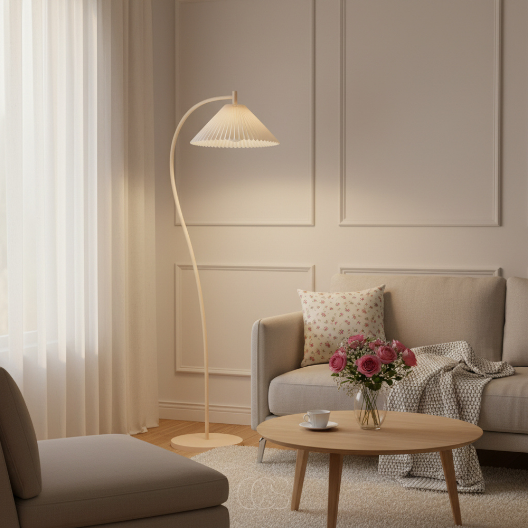 Staande Leeslamp Gebogen Arm Geplooide Kap Beige E27 Woonkamer Slaapkamer Leeshoek Dimbaar Sfeerverlichting | Sansoti