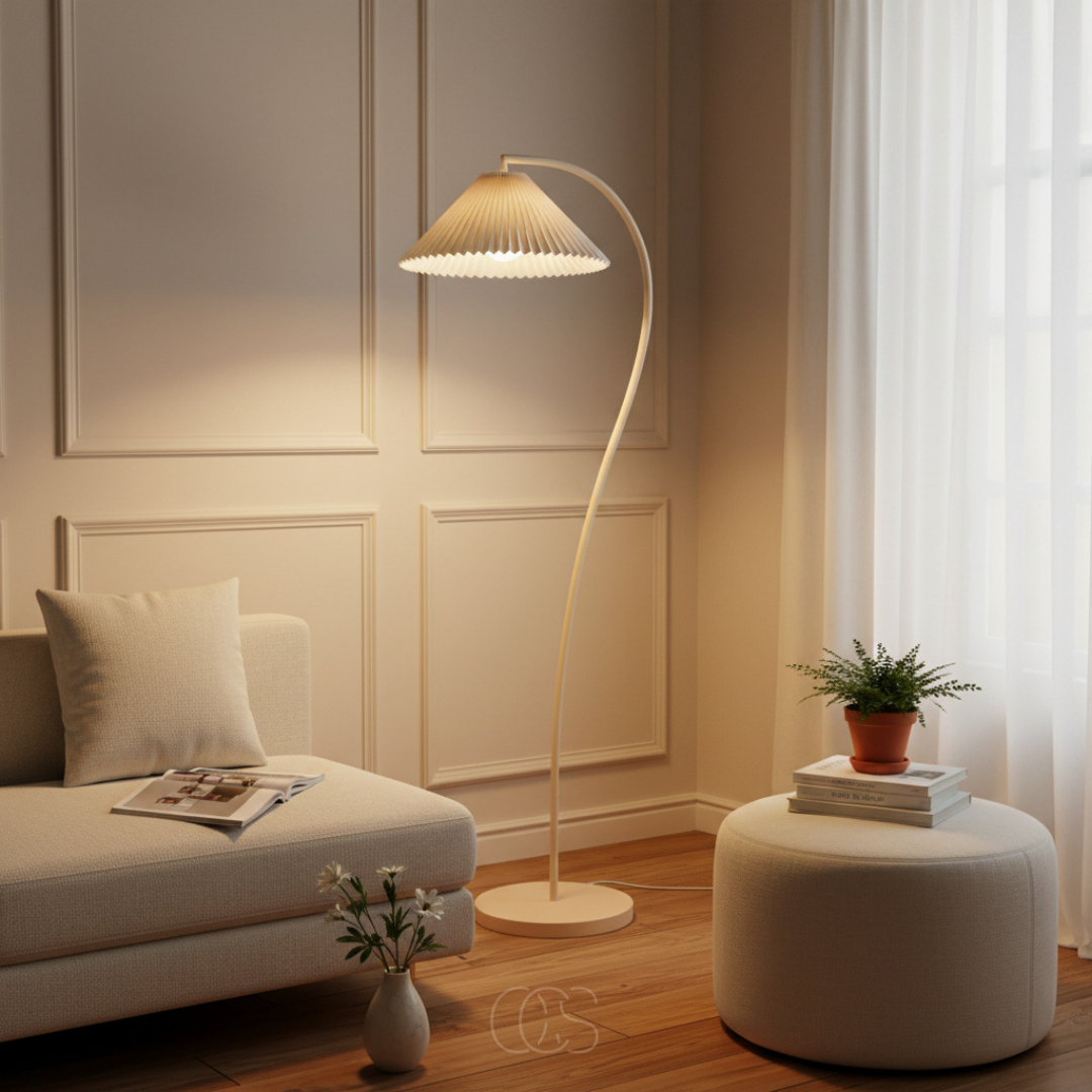 Staande Leeslamp Gebogen Arm Geplooide Kap Beige E27 Woonkamer Slaapkamer Leeshoek Dimbaar Sfeerverlichting | Sansoti