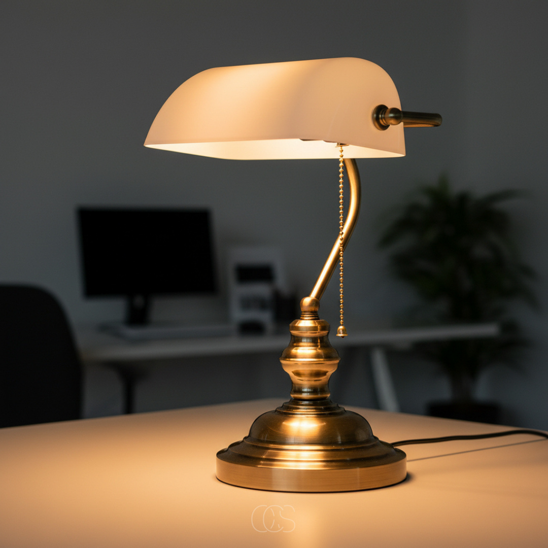 Klassieke Bankierslamp met Glazen Kap Bureauverlichting Metaal E27 Trekschakelaar 39cm Retro Tafellamp | Sansoti