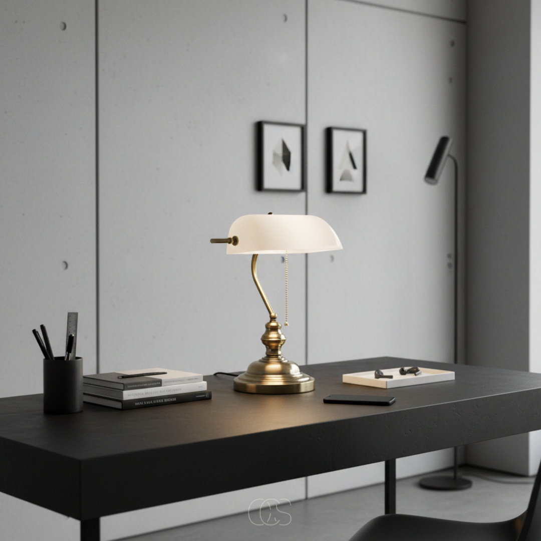 Klassieke Bankierslamp met Glazen Kap Bureauverlichting Metaal E27 Trekschakelaar 39cm Retro Tafellamp | Sansoti