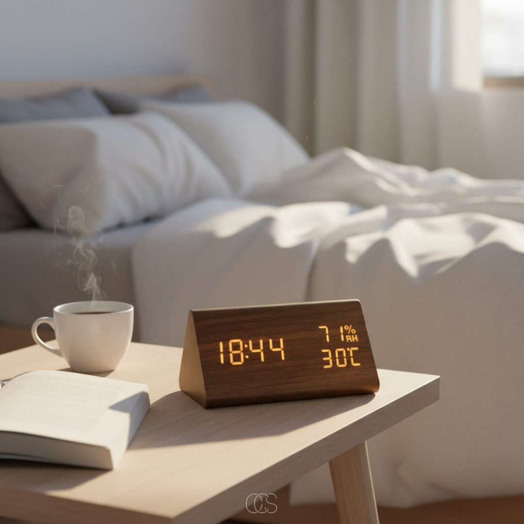 Digitale Wekker Hout LED met Temperatuurmeter Luchtvochtigheid Dimbaar Display Slaapkamer Nachtlampje | Sansoti