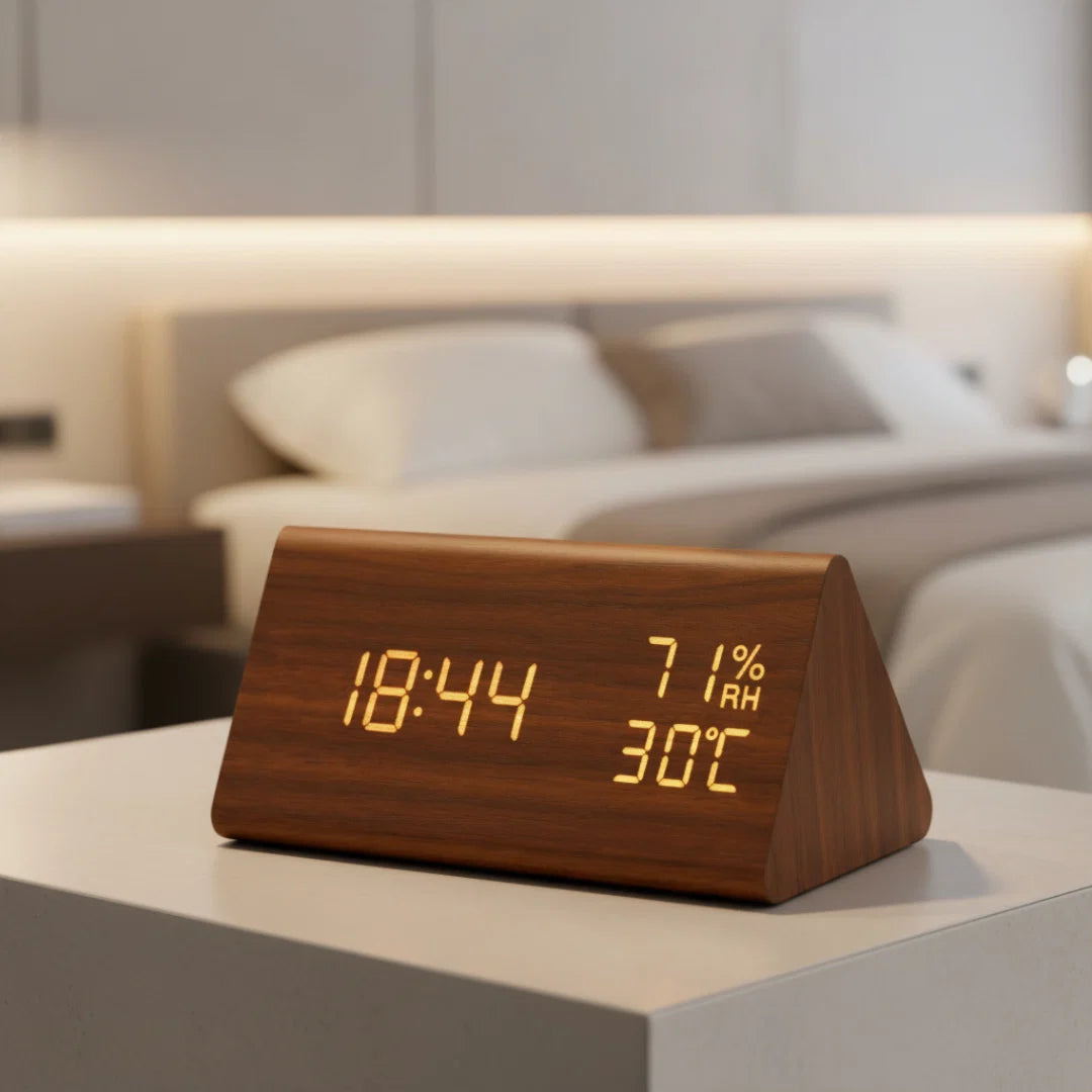 Digitale Wekker Hout LED met Temperatuurmeter Luchtvochtigheid Dimbaar Display Slaapkamer Nachtlampje | Sansoti