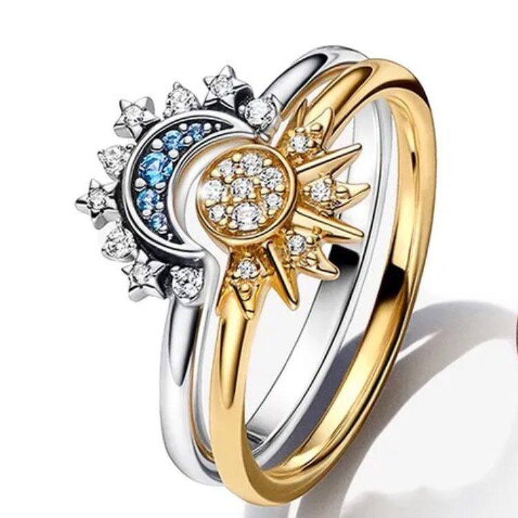 Zon en Maan Ring Set 925 Sterling Zilver met Kristal Verstelbare Ringen Goud en Zilver | Sansoti