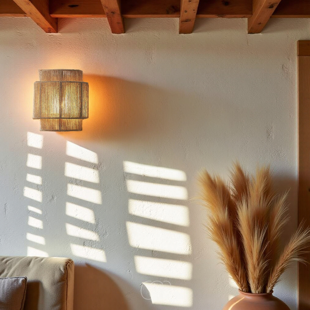 Gevlochten Wandlamp Natuurlijk Riet 25cm Boho Sfeerlicht Warm Schaduwpatroon Woonkamer Slaapkamer Hal Interieur | Sansoti