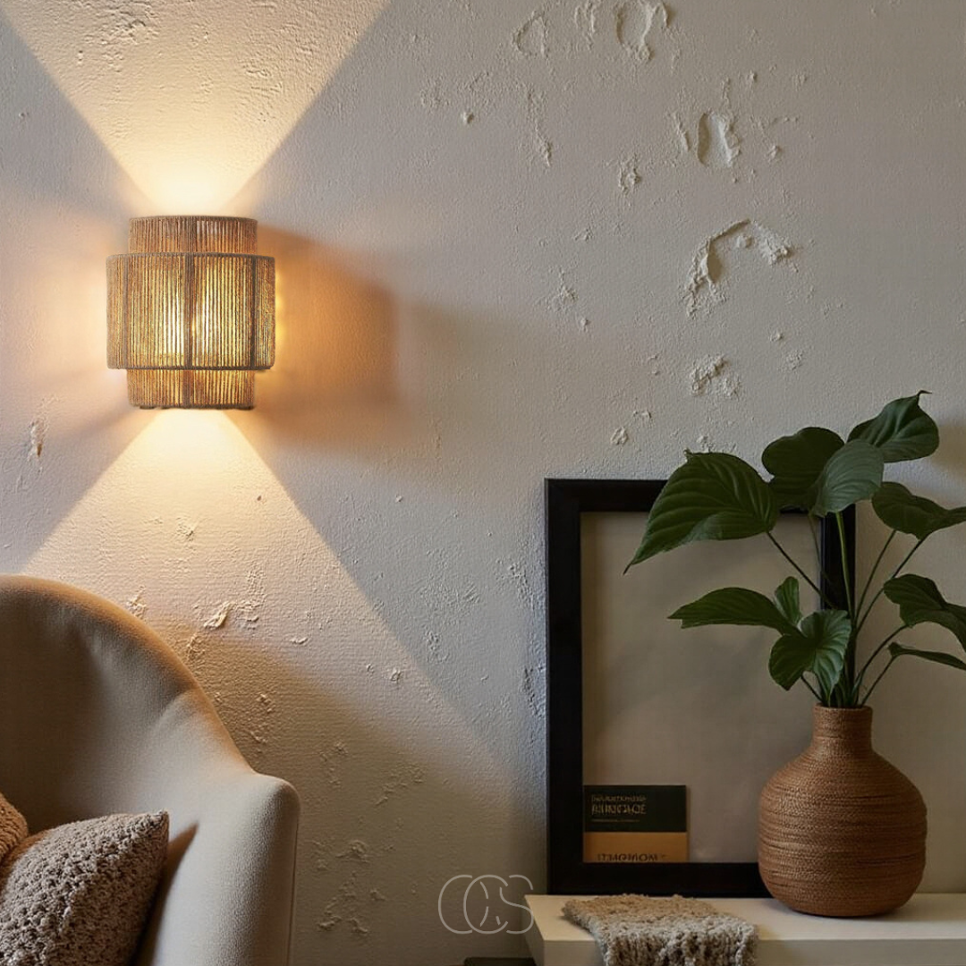 Gevlochten Wandlamp Natuurlijk Riet 25cm Boho Sfeerlicht Warm Schaduwpatroon Woonkamer Slaapkamer Hal Interieur | Sansoti