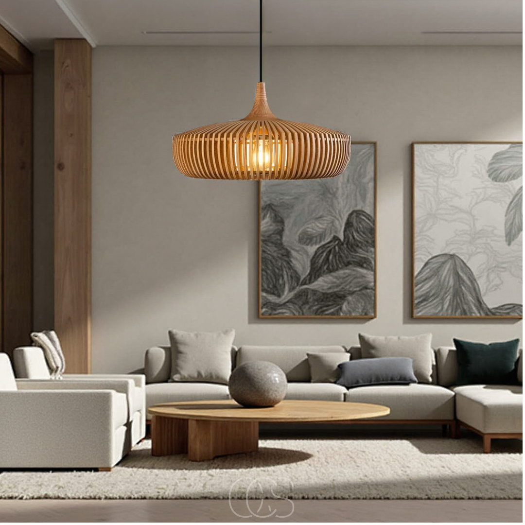 Houten Hanglamp Ø43cm Japandi Stijl Natuurlijk E27 Eettafel Woonkamer Slaapkamer Scandinavisch Design | Sansoti