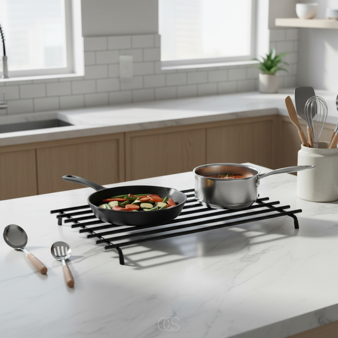 Rechthoekige Pannenonderzetter Metaal Zwart Hittebestendig Antislip Krasvrij Bescherming Keuken Tafel 40x22cm | Sansoti