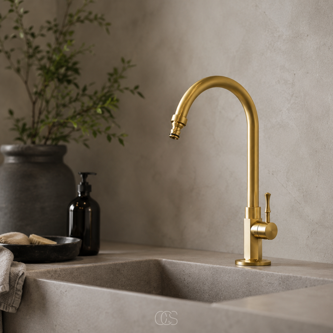 Vintage Kraan met Draaibare Uitloop Antiek Messing 30cm Keukenkraan Landelijk Klassiek Retro Stijl Warm Goud | Sansoti