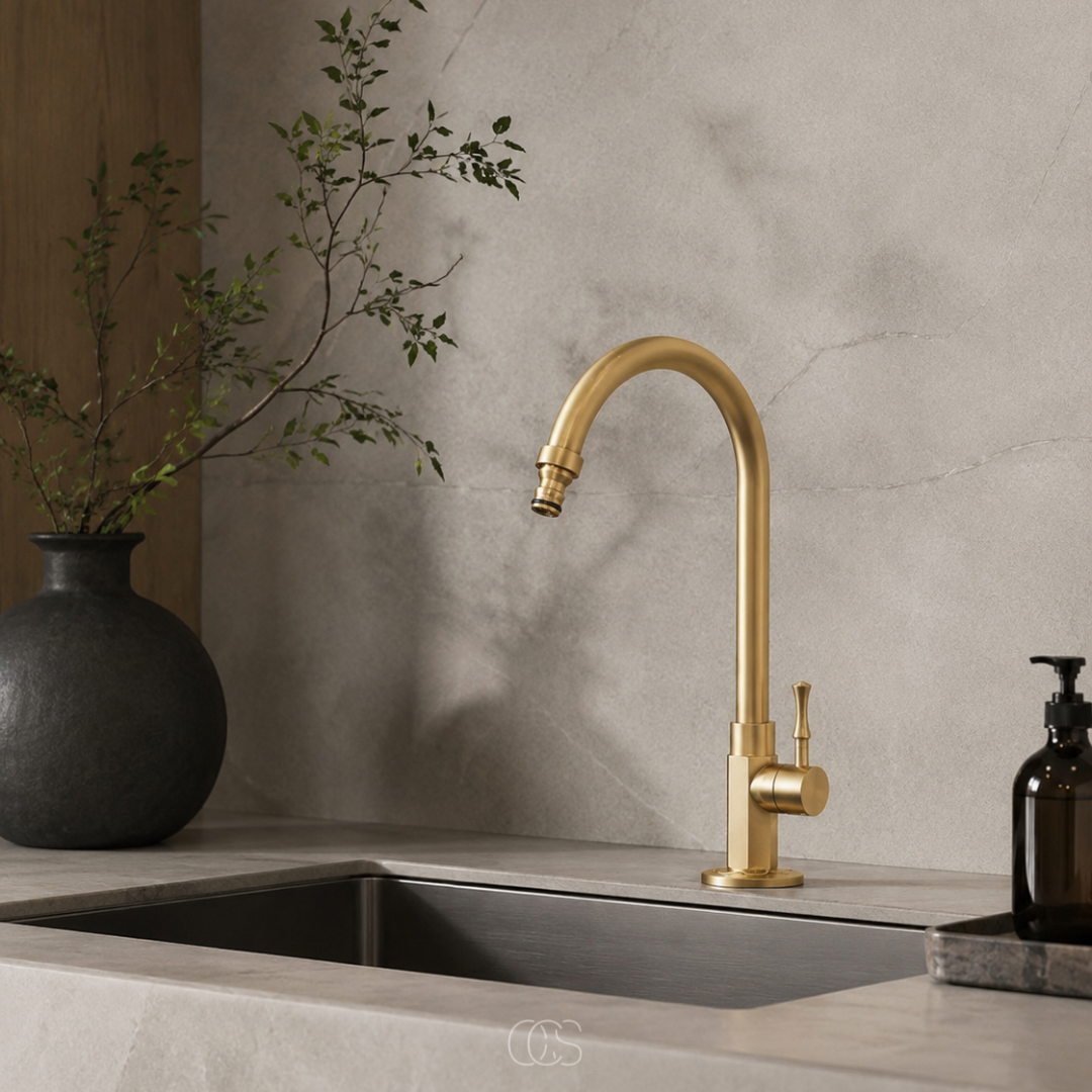 Vintage Kraan met Draaibare Uitloop Antiek Messing 30cm Keukenkraan Landelijk Klassiek Retro Stijl Warm Goud | Sansoti