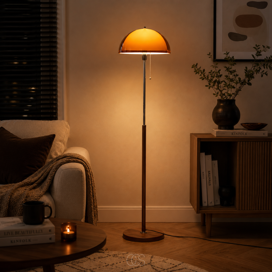 Bauhaus Vloerlamp Paddenstoel Retro Chroom Hout 149cm Trekkoord Warm Licht Leeshoek Woonkamer Design | Sansoti