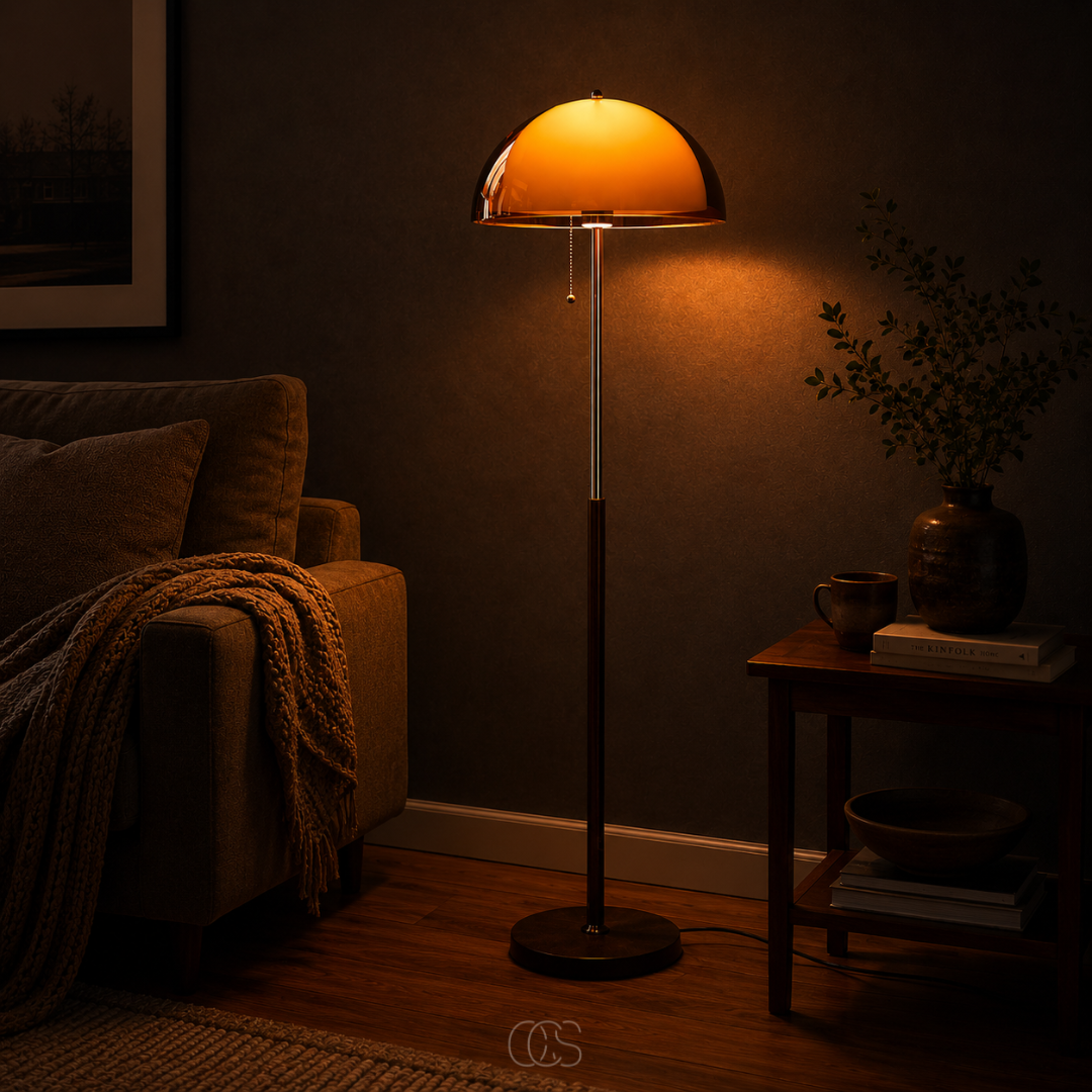Bauhaus Vloerlamp Paddenstoel Retro Chroom Hout 149cm Trekkoord Warm Licht Leeshoek Woonkamer Design | Sansoti